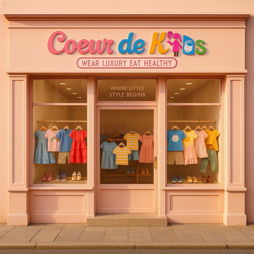 Luxury children's fashion collection featuring colorful dresses, shoes and clothing arranged in a heart pattern